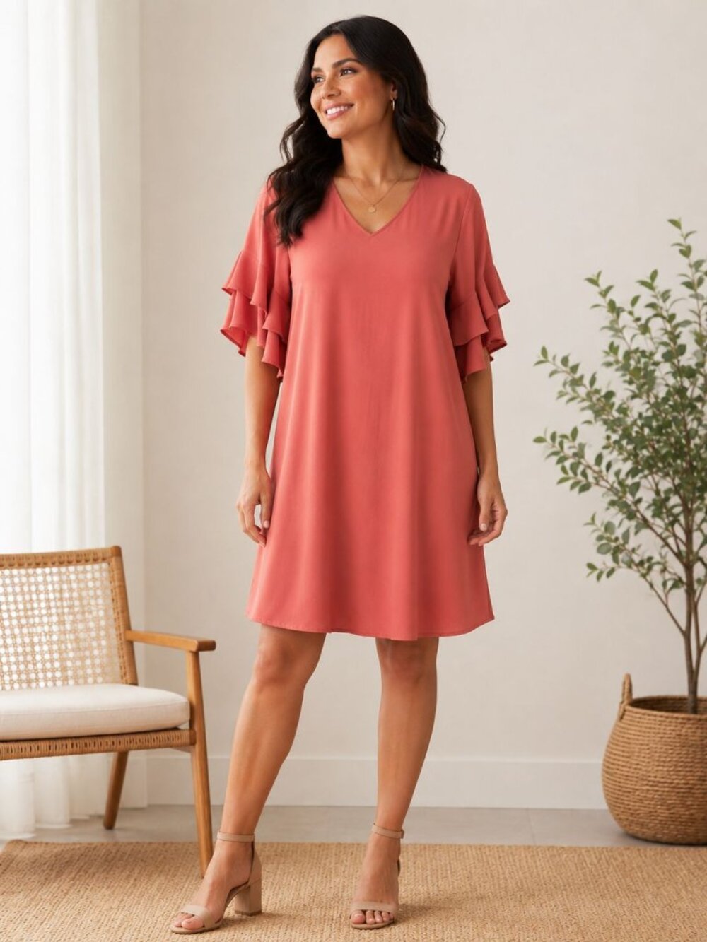 GB Ruffle Sleeve Dress Knee Length Women XL Coral Boho Romantic Fall